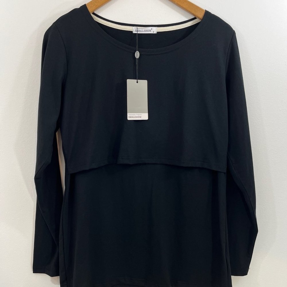 Womens Medium M Smallshow Maternity Nursing Shirt Black Long Sleeve Top